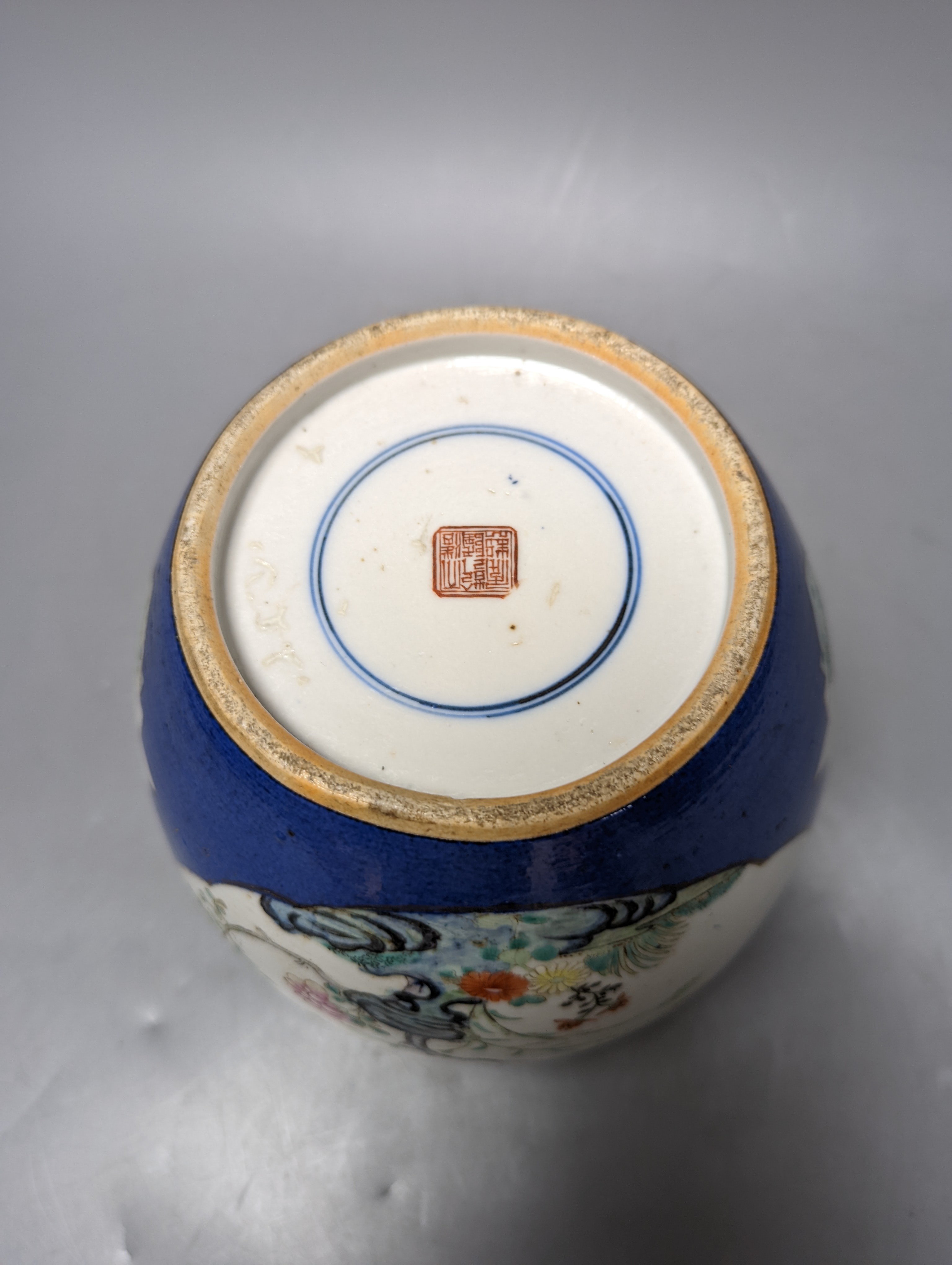 A Chinese blue ground jar and cover, 19th century, Qianlong mark to base, 20cm high